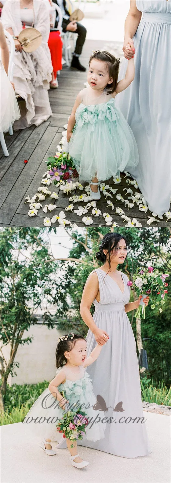 Mint Green Tulle Round Neck With Bow Appliques Cute Flower Girl Dresses, TYP1417