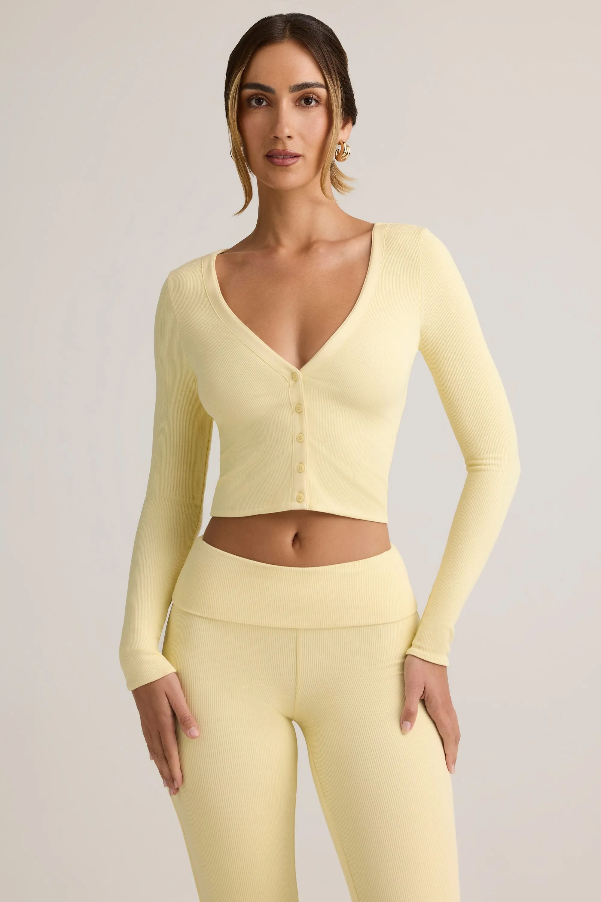 Modal Ribbed Cropped Cardigan in Buttercream Yellow