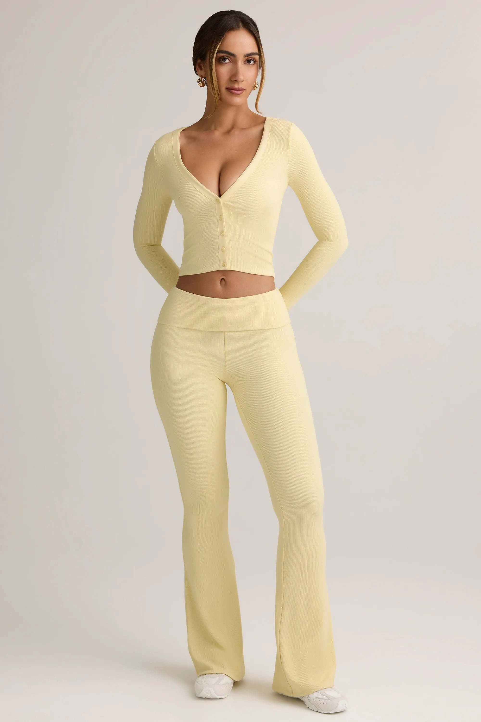 Modal Ribbed Cropped Cardigan in Buttercream Yellow