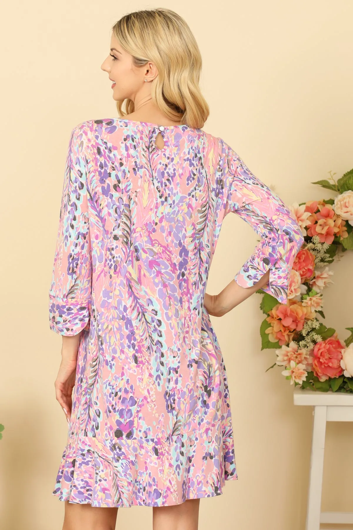 MULTI QUARTER SLEEVE ROUND NECK PRINTED DRESS