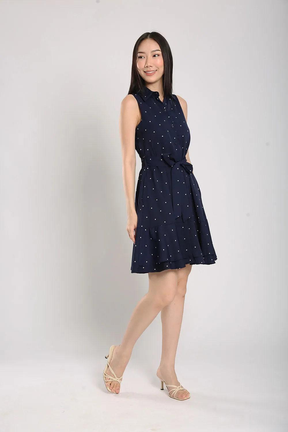 Nara Midi Dress in Navy Polka Dots