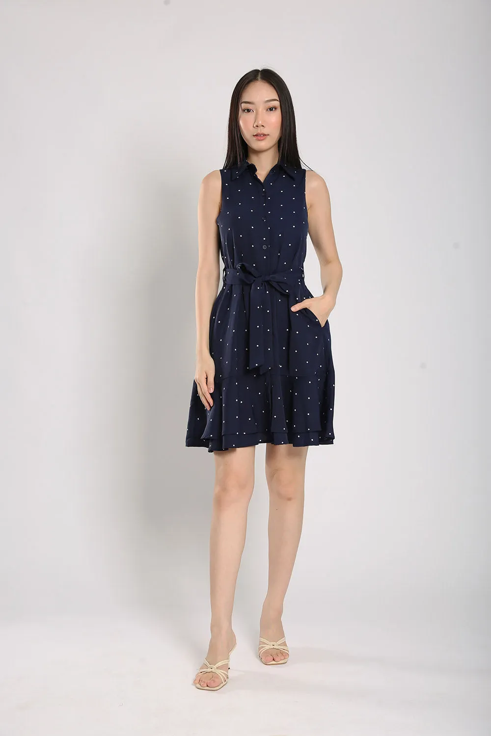 Nara Midi Dress in Navy Polka Dots
