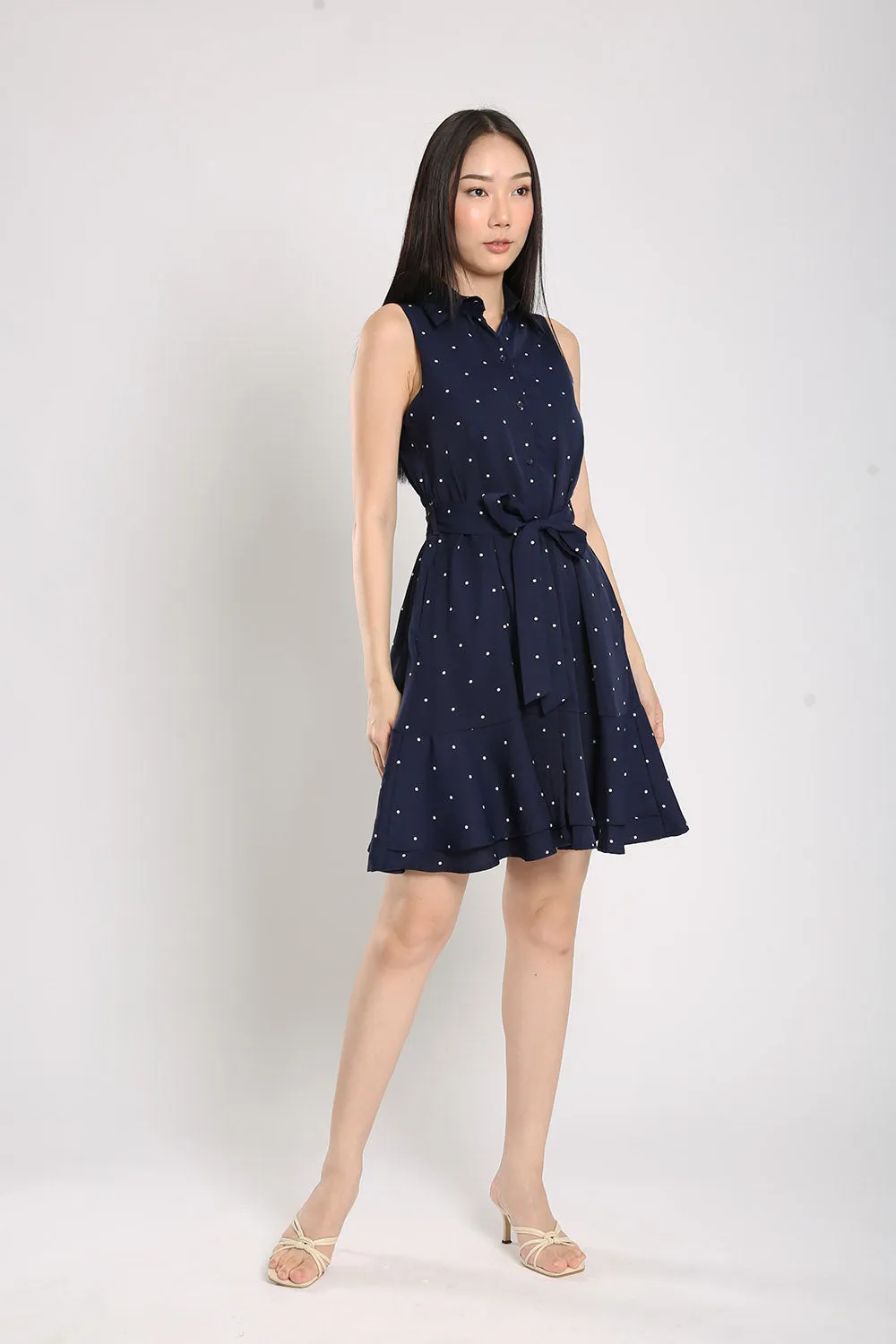 Nara Midi Dress in Navy Polka Dots