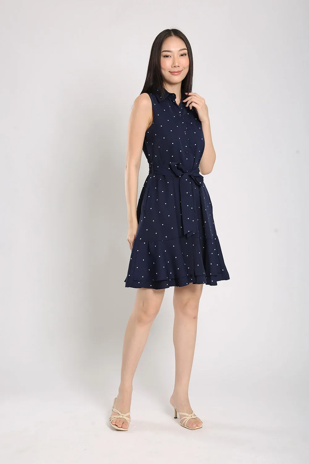 Nara Midi Dress in Navy Polka Dots