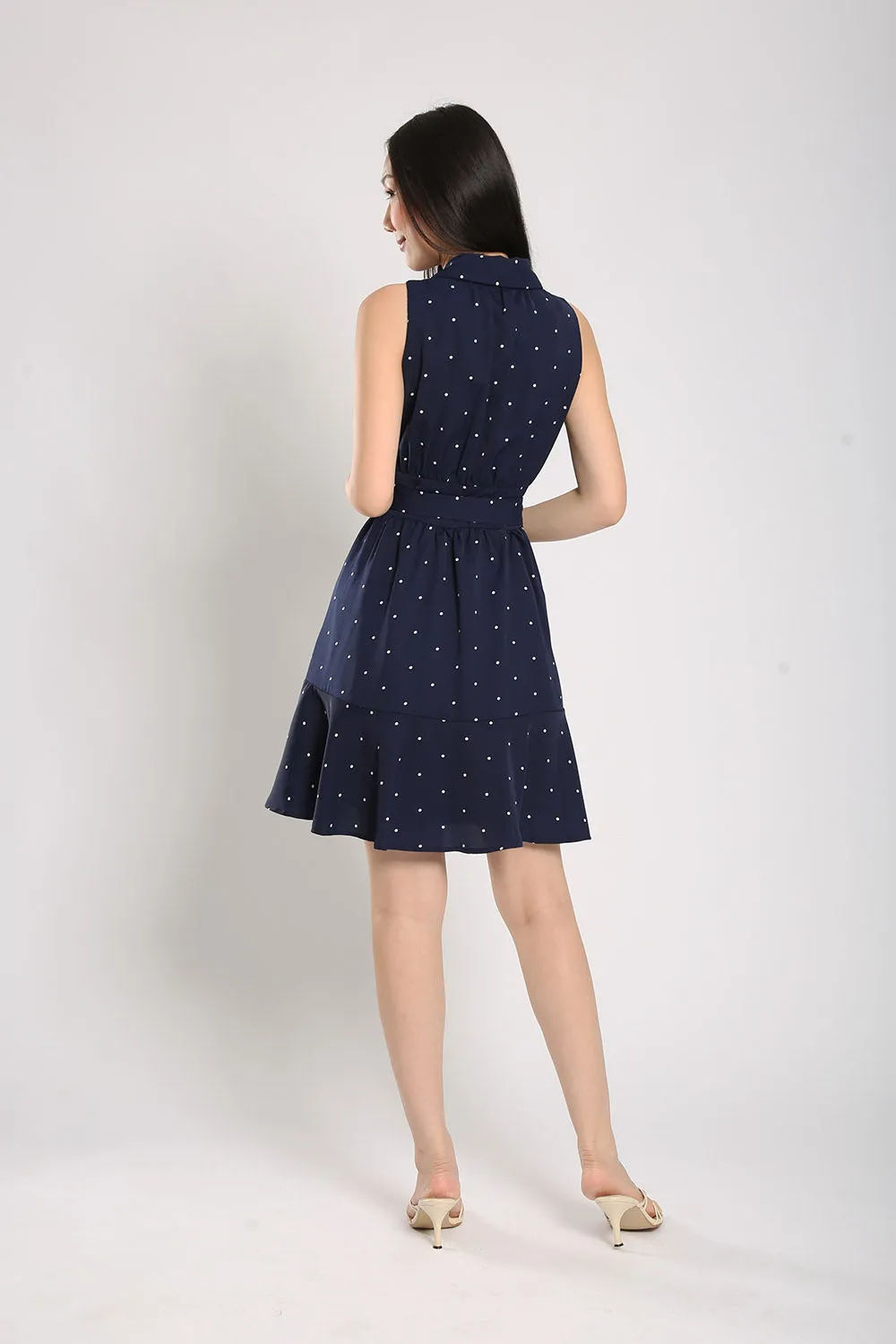 Nara Midi Dress in Navy Polka Dots