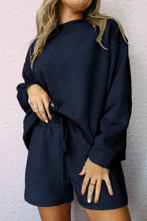 Navy Blue Gray Textured Long Sleeve Top and Drawstring Shorts Set