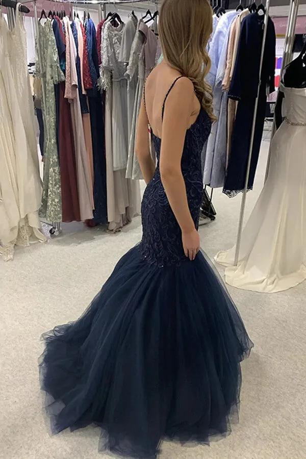 Navy Blue Mermaid Spaghetti Straps Lace Prom Dresses, Evening Gown, SP873