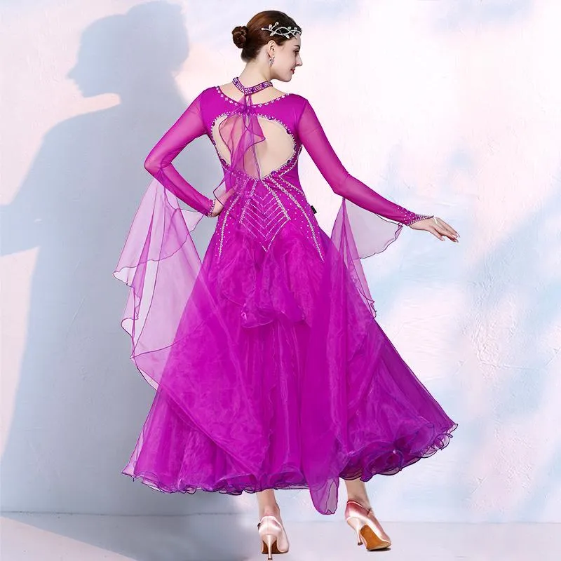 Navy Fuchsia Crystal Ballroom Dance Dresses for Women Girls Waltz Tango Competition Smooth Rhythm Dance Long Gown