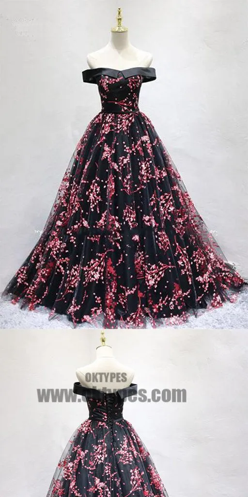 Newest Off The Shoulder Top Satin Lace Up Flower Printed Tulle A-Line Long Prom Dress, Prom Dresses, TYP0411