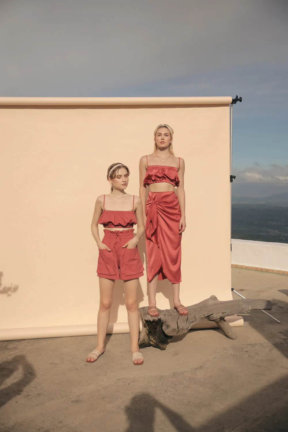 NICE Two Piece Gartered Crop Top and Wrap Around Skirt (Rust Silk)