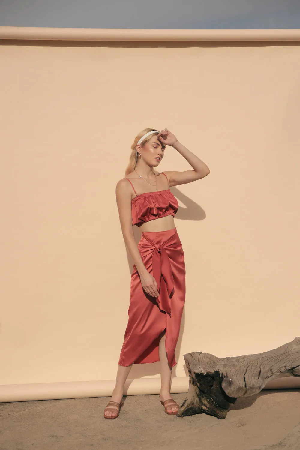 NICE Two Piece Gartered Crop Top and Wrap Around Skirt (Rust Silk)