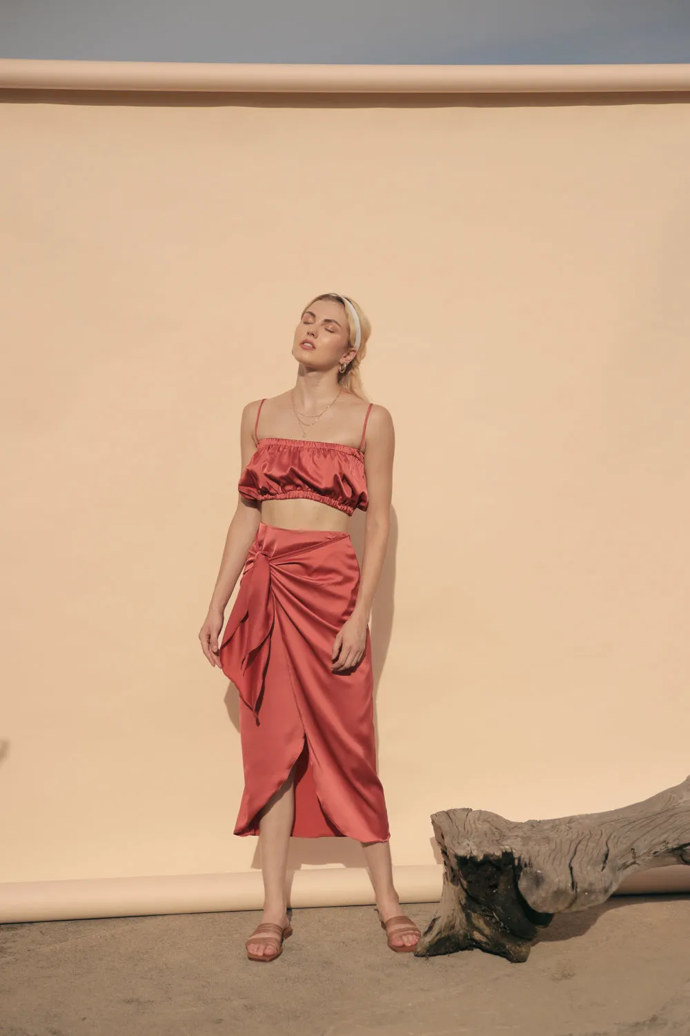 NICE Two Piece Gartered Crop Top and Wrap Around Skirt (Rust Silk)