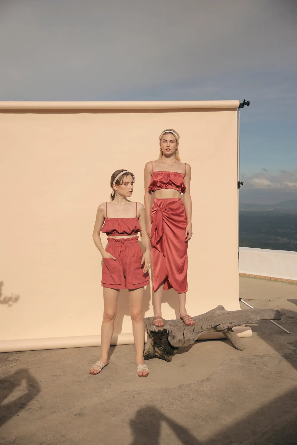NICE Two Piece Gartered Crop Top and Wrap Around Skirt (Rust Silk)