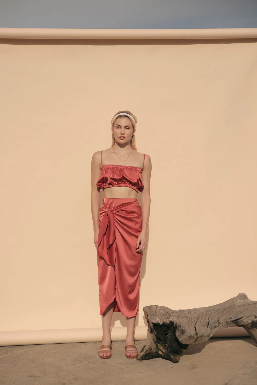 NICE Two Piece Gartered Crop Top and Wrap Around Skirt (Rust Silk)
