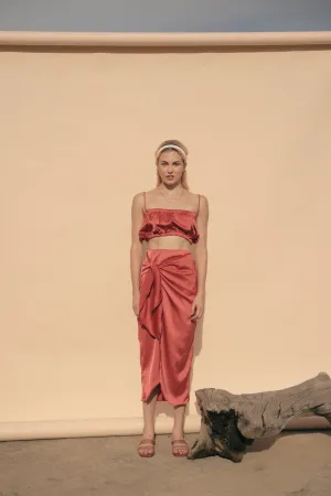 NICE Two Piece Gartered Crop Top and Wrap Around Skirt (Rust Silk)