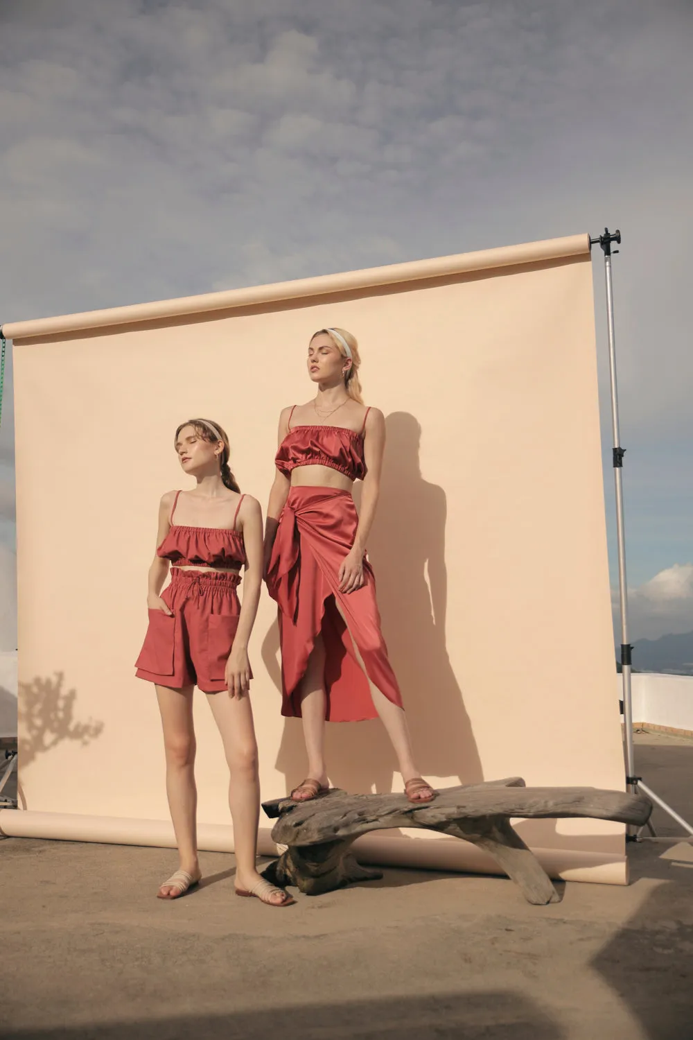 NICE Two Piece Gartered Crop Top and Wrap Around Skirt (Rust Silk)
