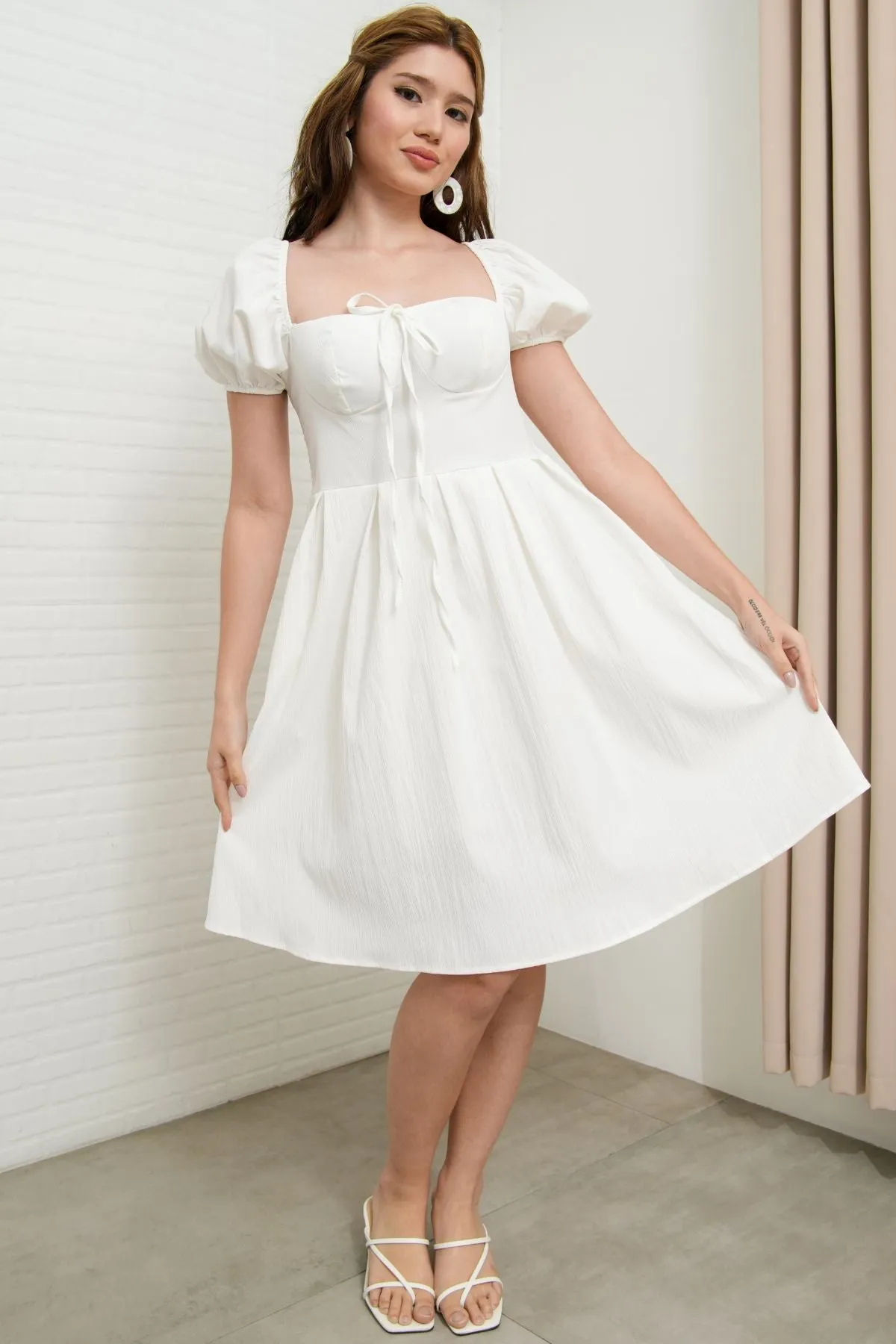 ODESSA Puff-Sleeve Padded Dress (White)