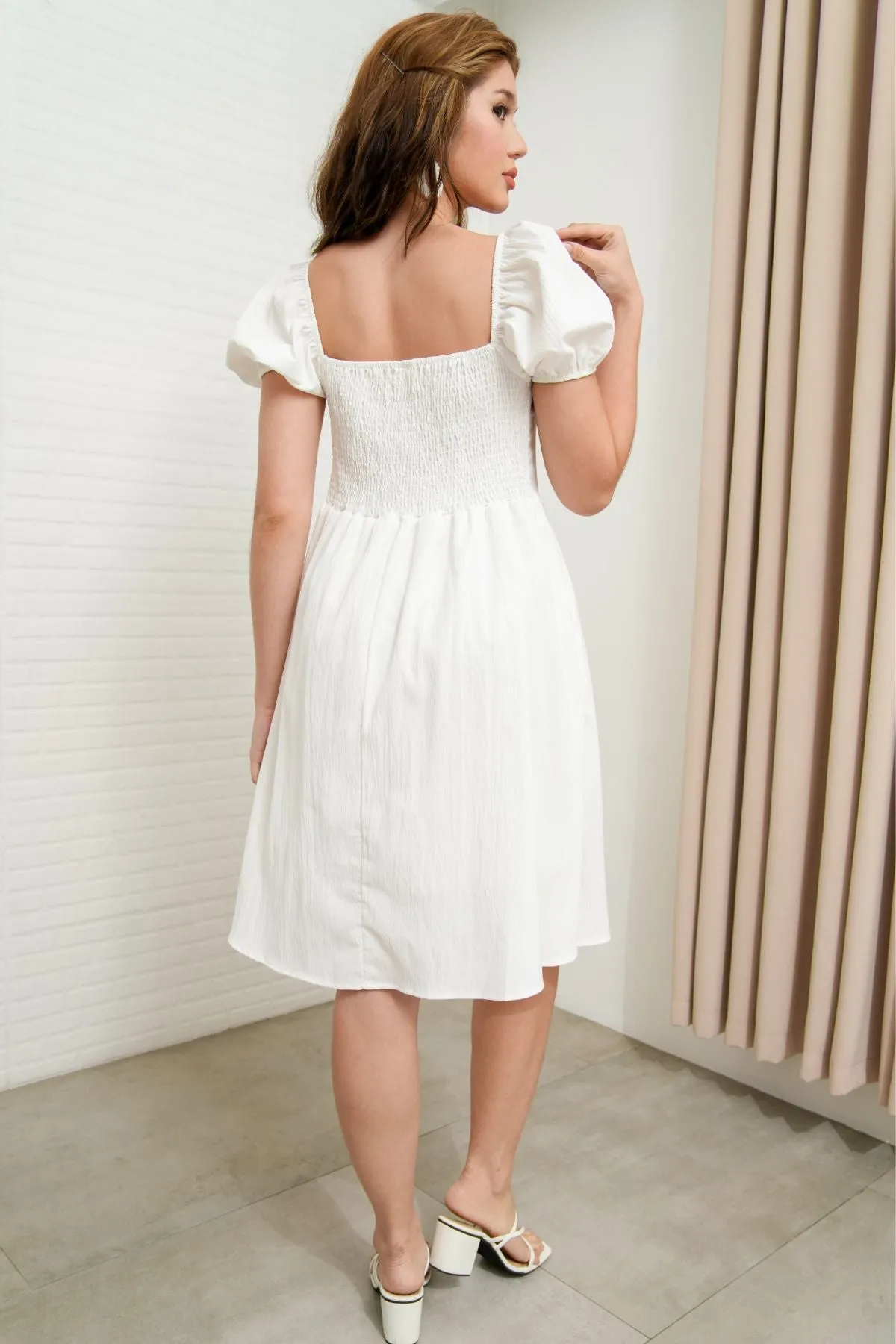 ODESSA Puff-Sleeve Padded Dress (White)