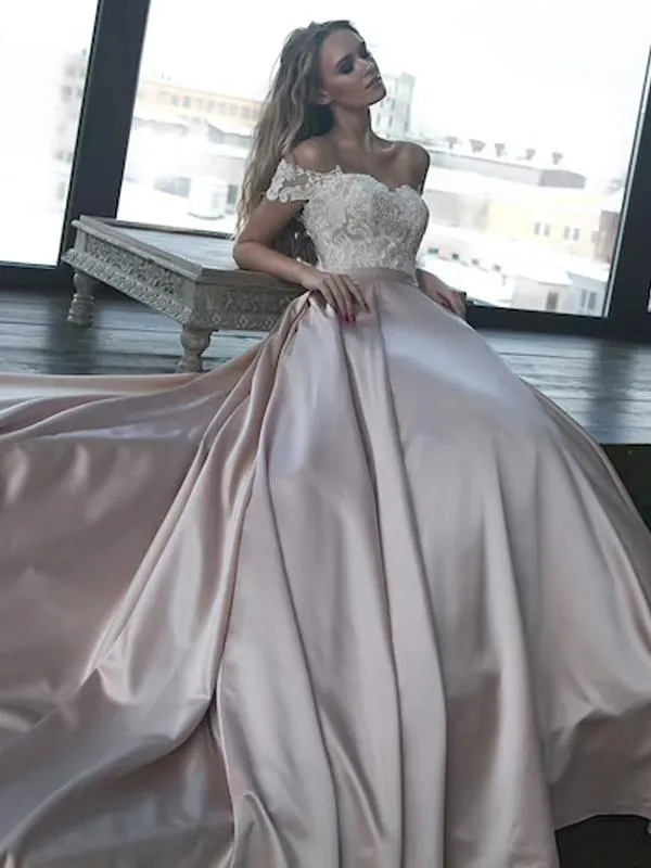 Off Shoulder Lace Top Long A-line Satin Wedding Dresses, WD0276