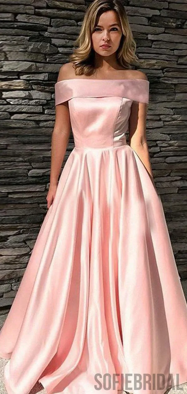 Off Shoulder Long A-line Prom Dresses, Pink Satin Prom Dresses, PD0762