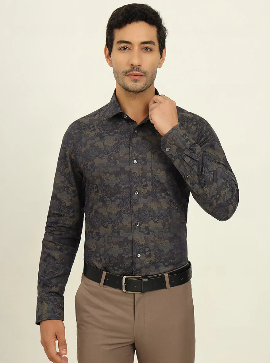 Olive & Grey Printed Slim Fit Formal Shirt | JadeBlue