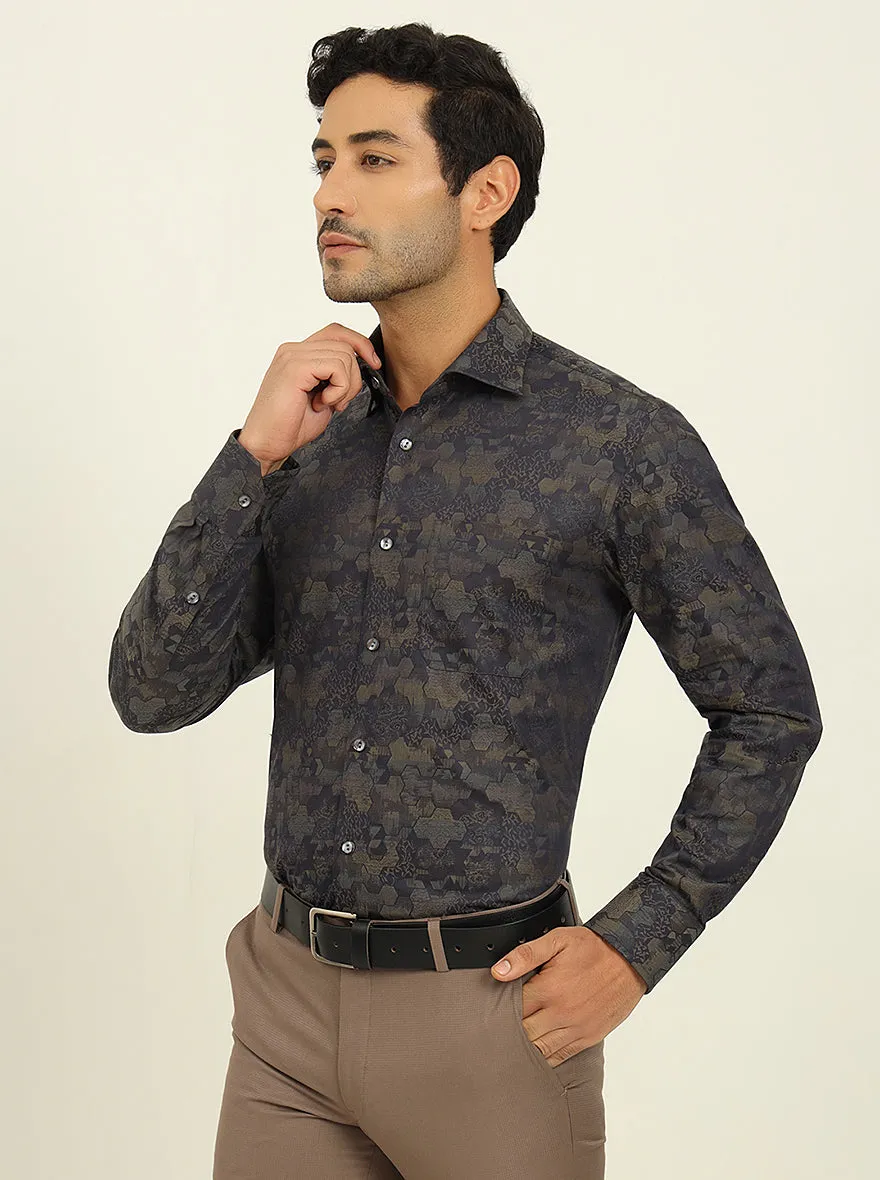 Olive & Grey Printed Slim Fit Formal Shirt | JadeBlue