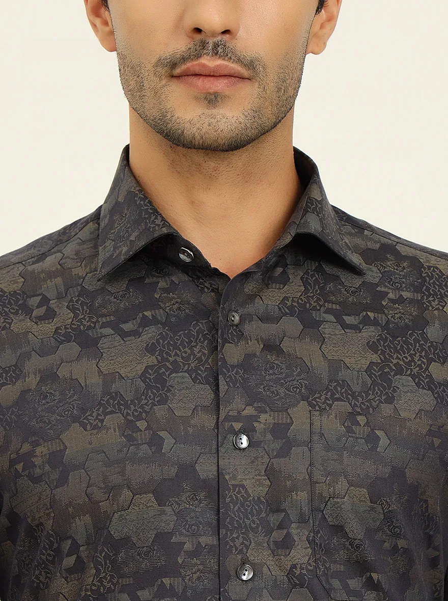 Olive & Grey Printed Slim Fit Formal Shirt | JadeBlue