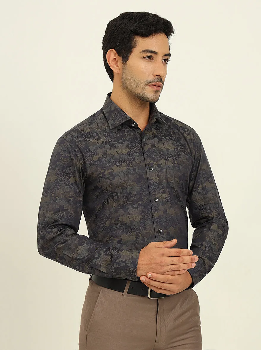 Olive & Grey Printed Slim Fit Formal Shirt | JadeBlue