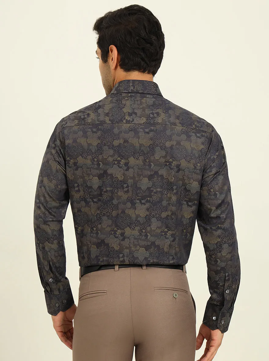 Olive & Grey Printed Slim Fit Formal Shirt | JadeBlue