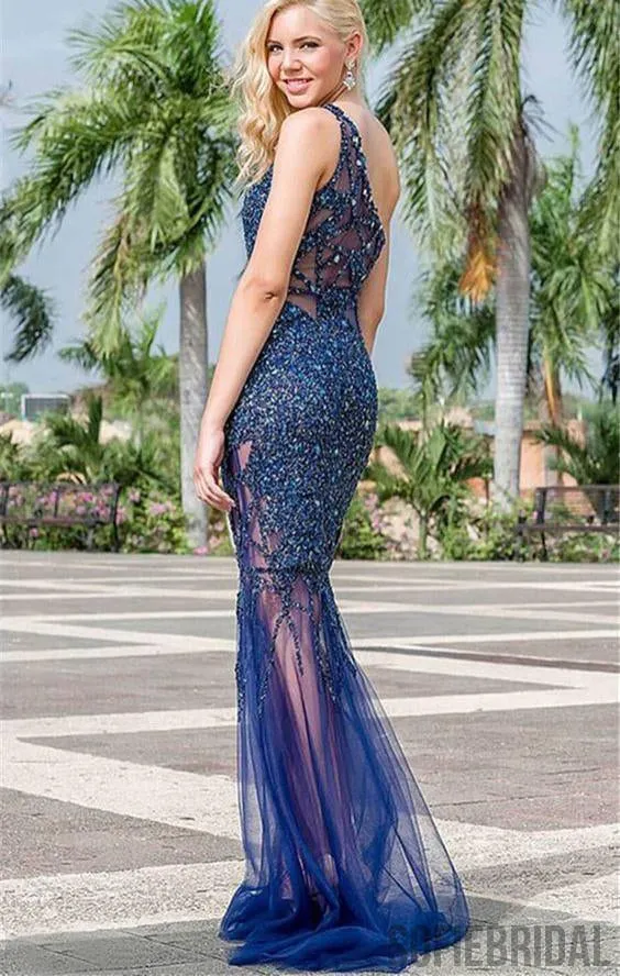 One Shoulder Long Mermaid Royal Blue Rhinestone Beaded Prom Dresses, PD0906