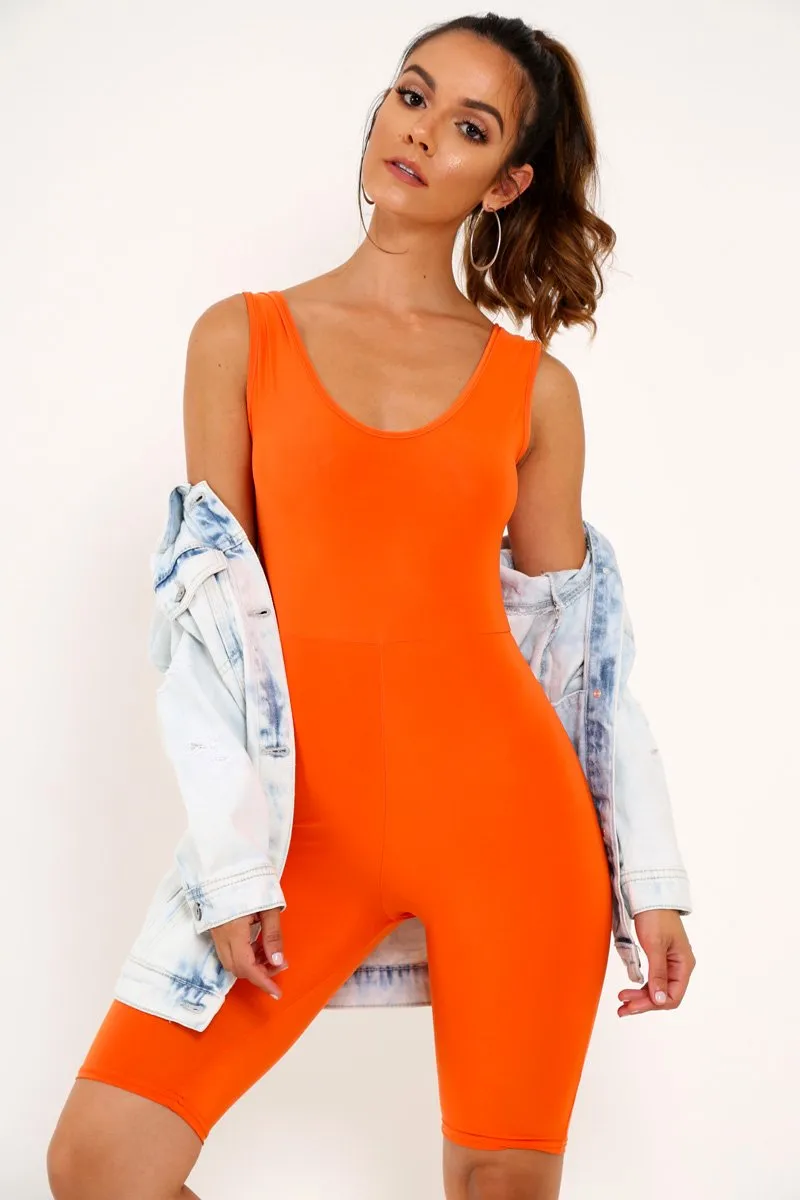 Orange Bodycon Scoop Neck Unitard - Idalie