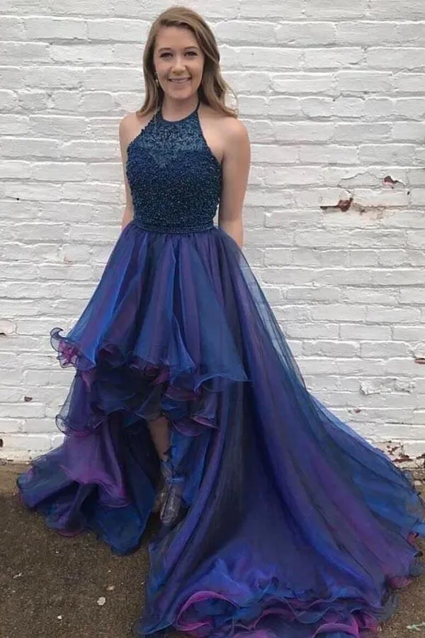 Organza A-line Beaded Bodice Halter High Low Prom Dresses, Evening Gown, SP829