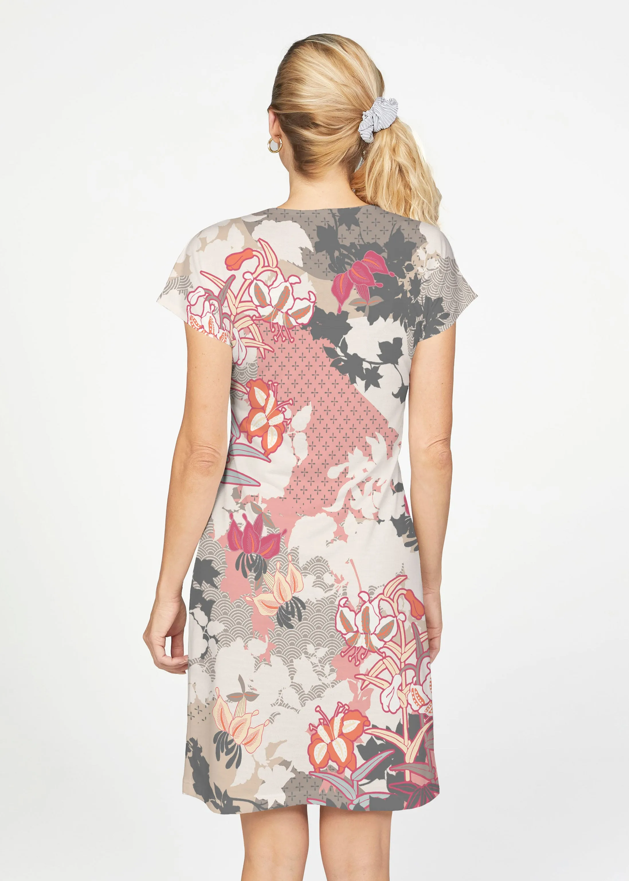 Oriental Floral Grey (7876) ~ French Terry Short Sleeve Crew Dress