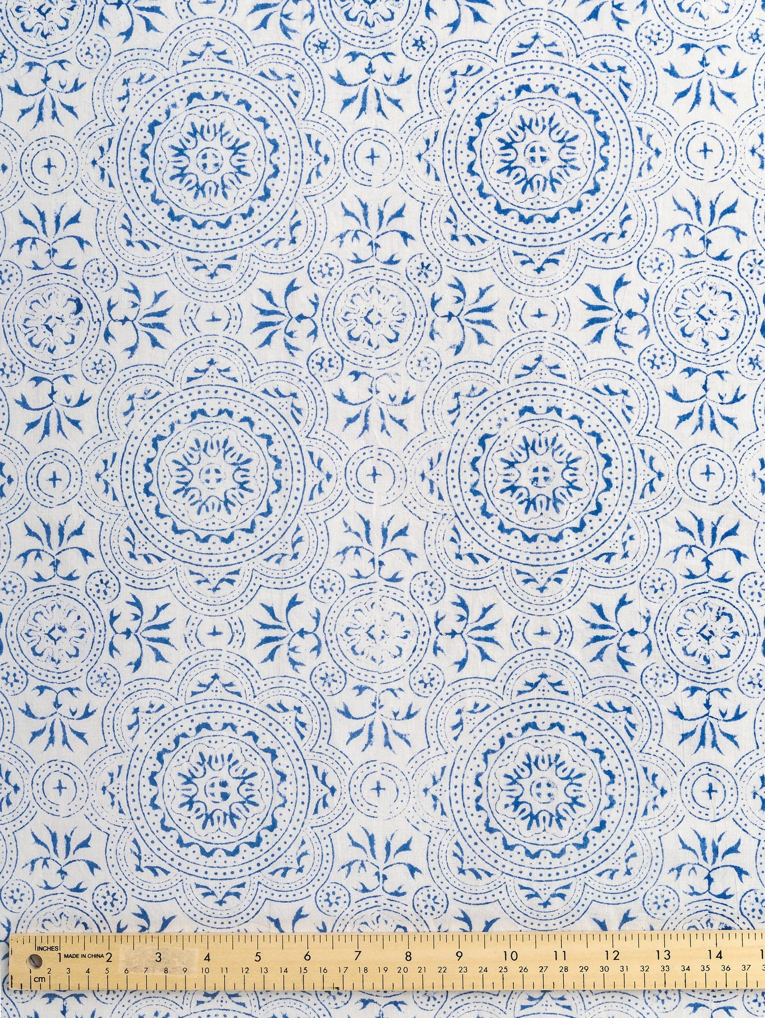 Ornament Block Print Organic Cotton Voile - White   Blue