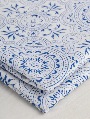 Ornament Block Print Organic Cotton Voile - White   Blue
