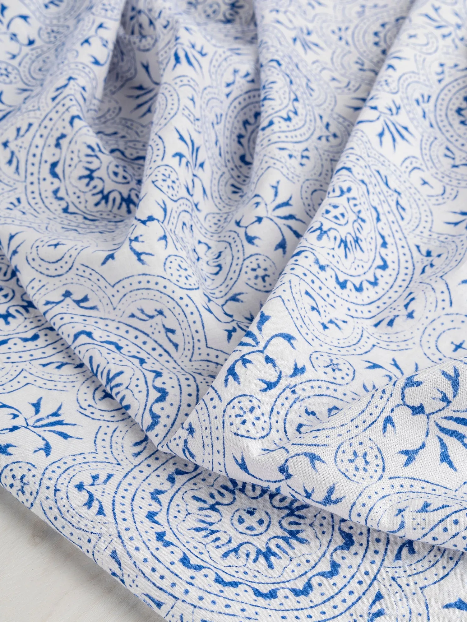 Ornament Block Print Organic Cotton Voile - White   Blue