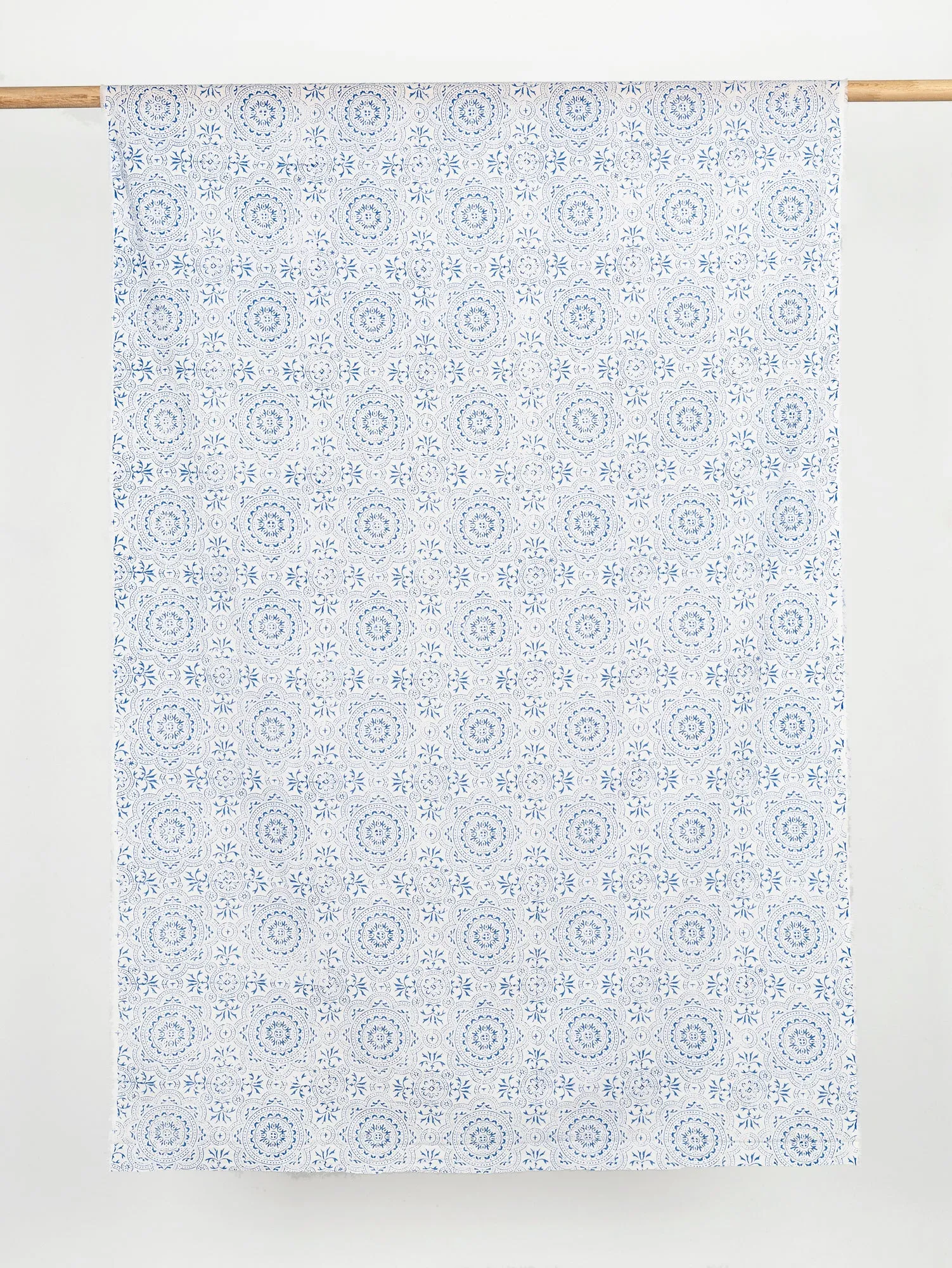 Ornament Block Print Organic Cotton Voile - White   Blue