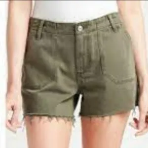 Paige Denim Maysloe Utility Shorts Vintage Ivy Green High-rise Raw Hem Size 31