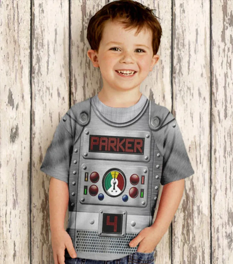 Personalized Robot Shirt, Boys Retro Robot Birthday Shirt, Robot Costume T-Shirt, Boy's Top