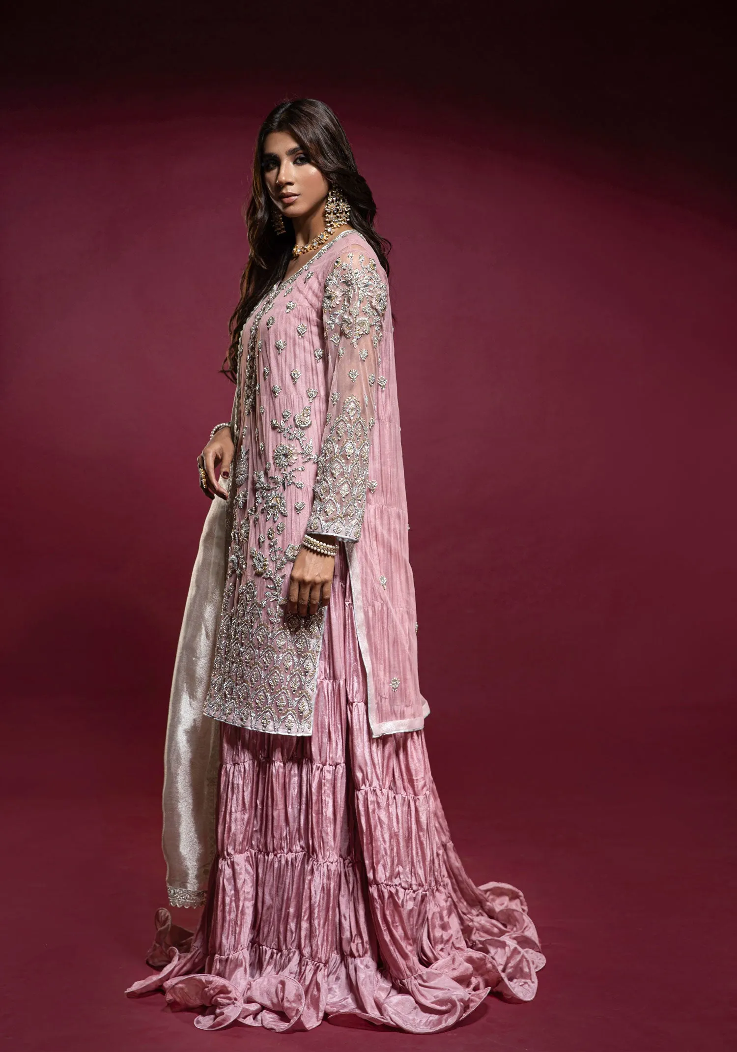 Pink Net Embellished Tunic with Silk Jhubba
