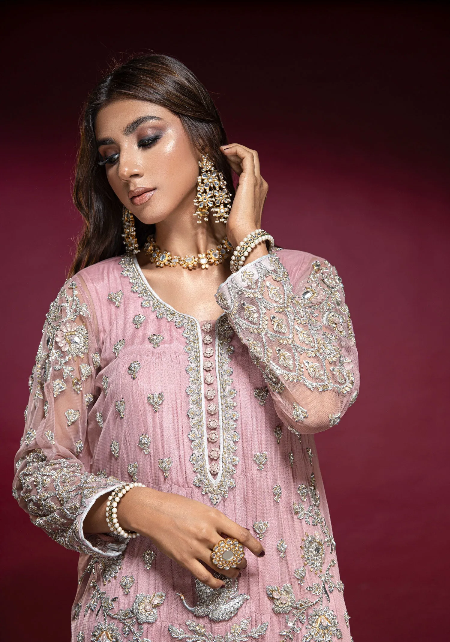 Pink Net Embellished Tunic with Silk Jhubba