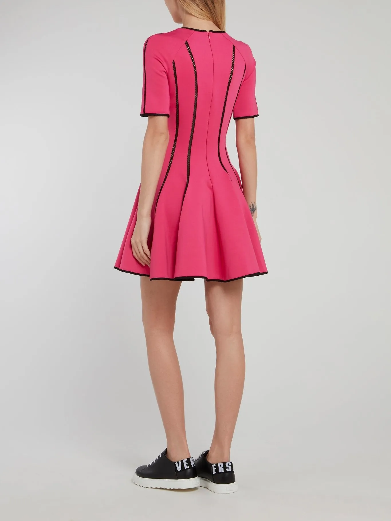 Pink Perforated Panel Half Sleeve Mini Dress