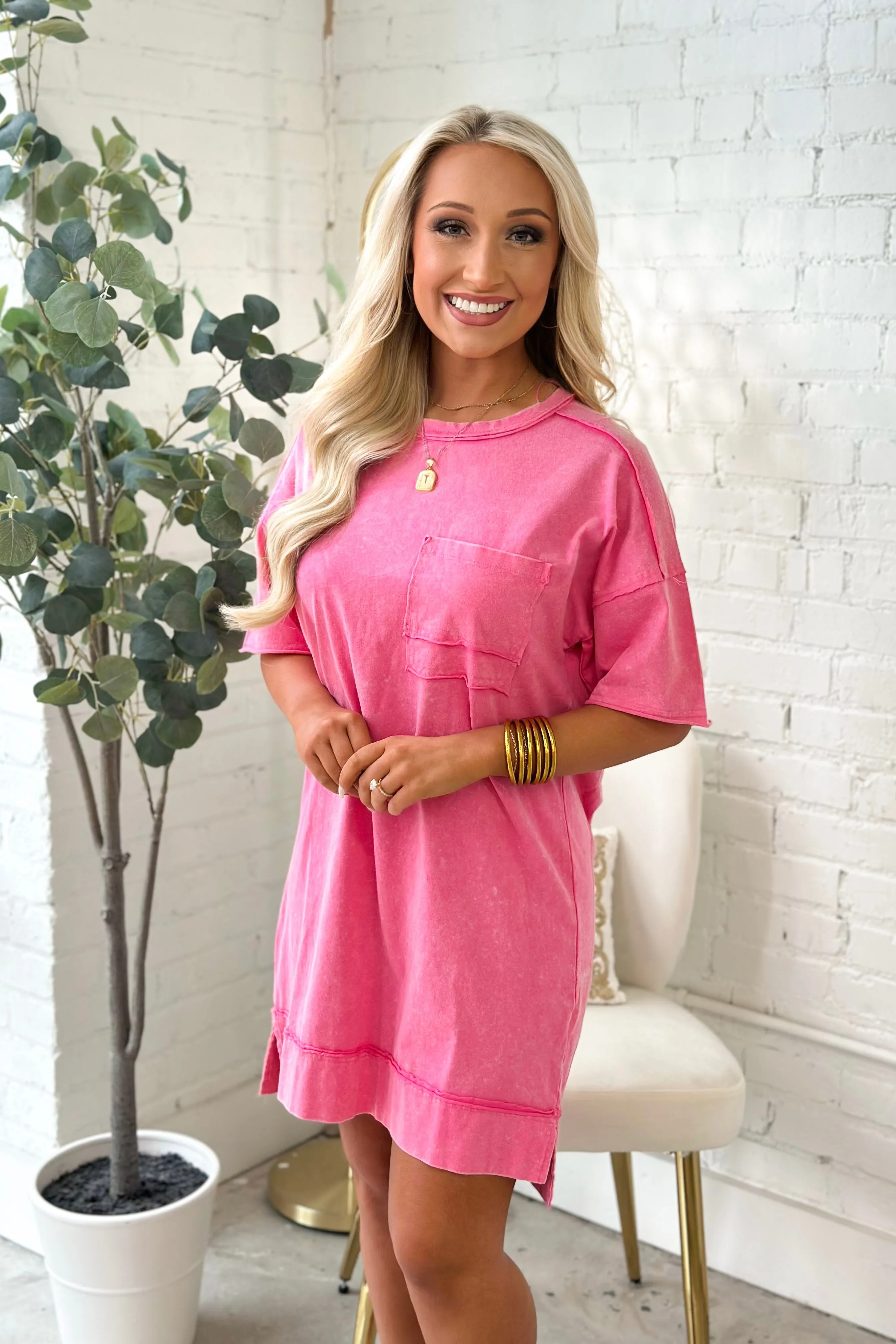 Pink Short Sleeve Pocket Dress