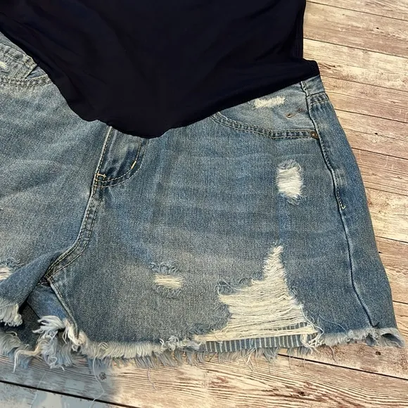 Pinkblush Dark Wash Distressed Fringe Hem Maternity Full Panel Jean Shorts