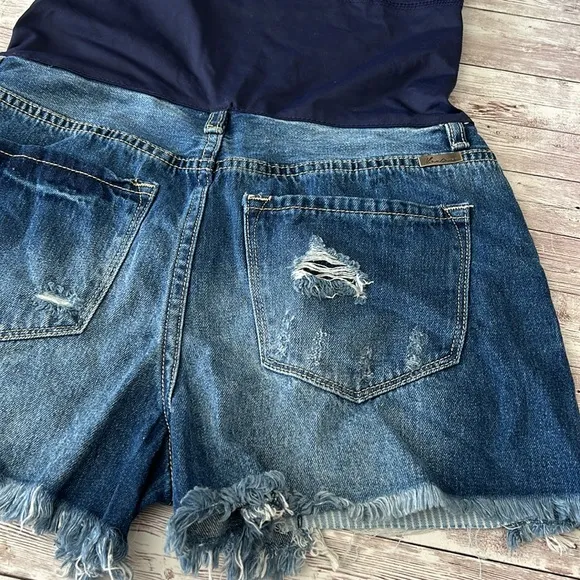 Pinkblush Dark Wash Distressed Fringe Hem Maternity Full Panel Jean Shorts