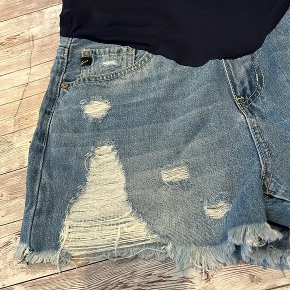 Pinkblush Dark Wash Distressed Fringe Hem Maternity Full Panel Jean Shorts