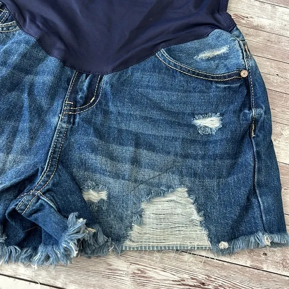 Pinkblush Dark Wash Distressed Fringe Hem Maternity Full Panel Jean Shorts