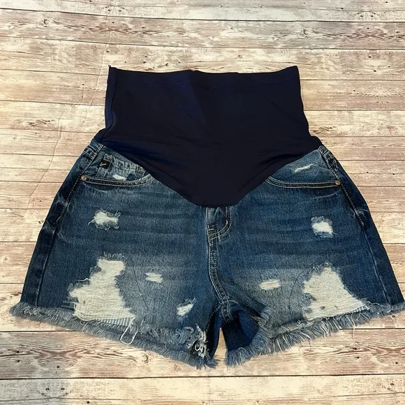 Pinkblush Dark Wash Distressed Fringe Hem Maternity Full Panel Jean Shorts