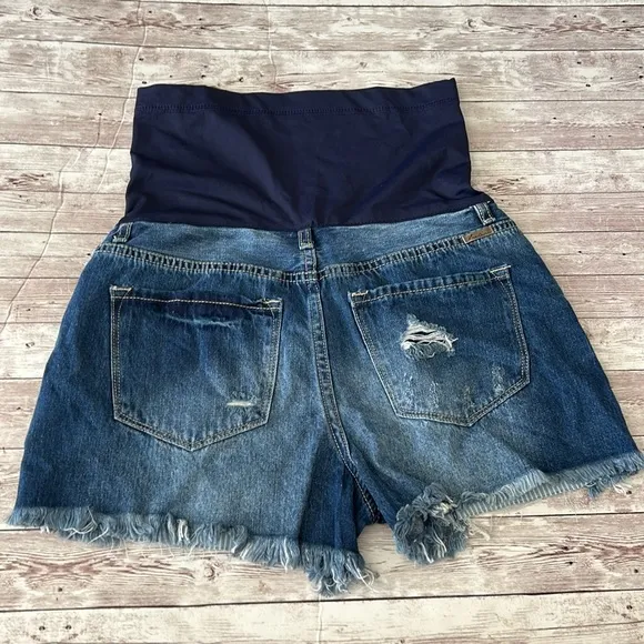 Pinkblush Dark Wash Distressed Fringe Hem Maternity Full Panel Jean Shorts