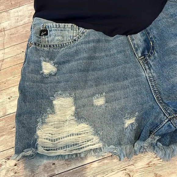 Pinkblush Dark Wash Distressed Fringe Hem Maternity Full Panel Jean Shorts